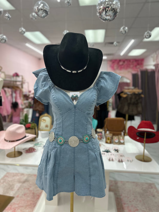 Sweetheart Ruffle sleeve Denim Romper